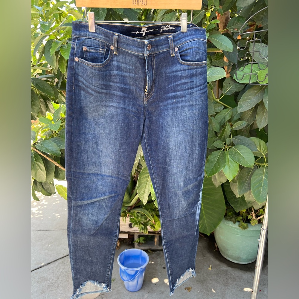 7 for all mankind raw hem distressed dark wash skinny jeans